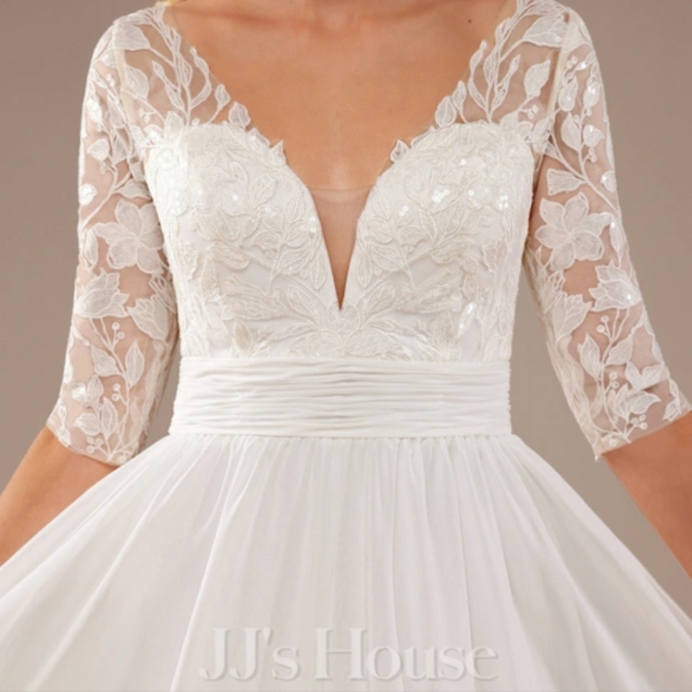 A-Line V-neck Floor-Length Wedding Dress With Ruffle Lace Sequins